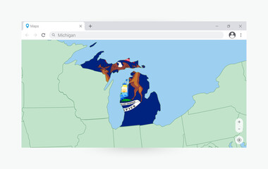 Browser window with map of Michigan, searching  Michigan in internet.
