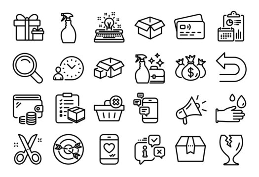 Vector set of Package box, Delete order and Search line icons set. Calendar report, Money wallet and Credit card tag. Surprise package, Opened box and Communication icons. Vector