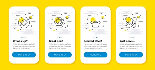Vector set of No puzzle, Call center and Packing boxes line icons set. UI phone app screens with line icons. Full rotation icon. Jigsaw challenge, Phone support, Delivery box. 360 degree. Vector
