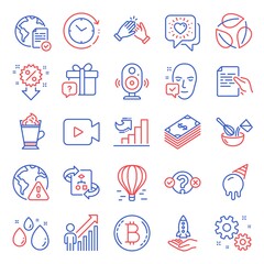 Business icons set. Included icon as Online voting, Internet warning, Ice cream signs. Dollar, Secret gift, Leaves symbols. Speaker, Employee result, Clapping hands. Face accepted, Bitcoin. Vector