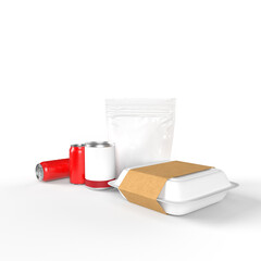multiple kinds of food packaging stacked on a white background 