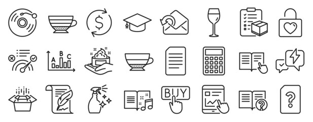 Set of line icons, such as Internet report, Americano, Send mail icons. Graduation cap, Vinyl record, Calculator signs. Help, Feather, Dollar exchange. Skin care, Wine glass, Music book. Vector