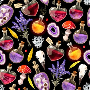 Magic seamless pattern with magic potion and herb