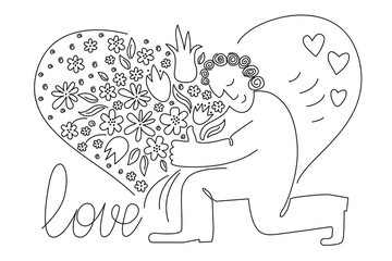 Romantic young man with a stylized bouquet of flowers, heart and the word LOVE. Greeting card . Outline. Vector illustration.