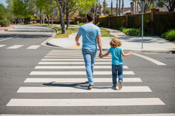 back view. father and son walk on zebra crossing. family value. parent leading small child © Olena