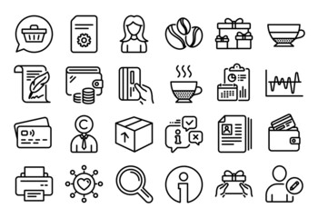 Vector set of Package, Stock analysis and Shopping cart line icons set. Calendar report, Money wallet and Credit card tag. Feather, Cv documents and Info icons. Vector
