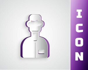 Paper cut Laboratory assistant icon isolated on grey background. Paper art style. Vector