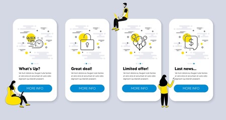 Vector Set of Business icons related to Balloons, Lock and Quick tips icons. UI phone app screens with people. Payment message line symbols. Air balloons, Private locker, Helpful tricks. Vector