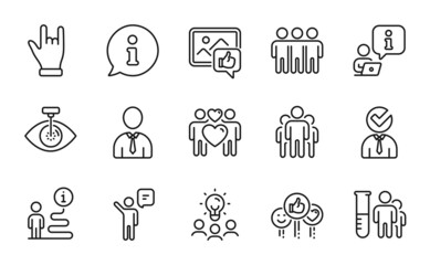 People icons set. Included icon as Like, Eye laser, Agent signs. Horns hand, Group, Vacancy symbols. Business idea, Love couple, Like photo. Medical analyzes, Human, Friendship line icons. Vector