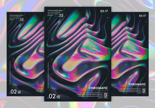 Vintage Abstract Poster Layout in Trendy Style with Iridescent Holographic Liquid Wavy Gradient Shapes