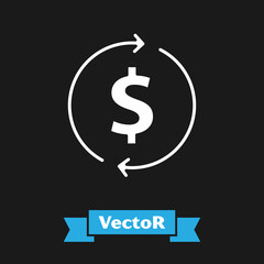 White Financial growth and dollar coin icon isolated on black background. Increasing revenue. Vector