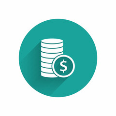 White Coin money with dollar symbol icon isolated with long shadow. Banking currency sign. Cash symbol. Green circle button. Vector