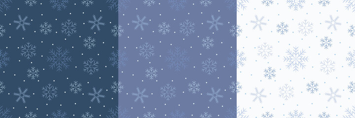 Christmas, New Year, holidays a set of seamless patterns with painted snowflakes in three colors. Winter texture for printing, paper, design, fabric, decor, gift, food packaging, backgrounds.