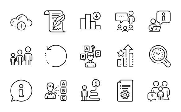 Education icons set. Included icon as Cloud computing, Recovery data, Technical documentation signs. Time management, People chatting, Feather symbols. Opinion, Business hierarchy. Vector
