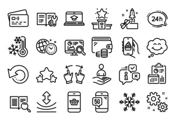 Vector set of Winner podium, Freezing and Work line icons set. Calendar report, Money wallet and Credit card tag. Recovery data, Food app and Move gesture icons. Vector