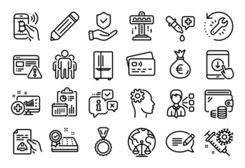 Vector set of Refrigerator, Message and Third party line icons set. Calendar report, Money wallet and Credit card tag. Engineering, Mattress guarantee and Magistrates court icons. Vector