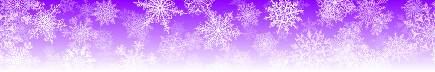Naklejka na ściany i meble Christmas horizontal banner of big and small complex snowflakes with seamless horizontal repetition, in purple colors. Winter background with falling snow