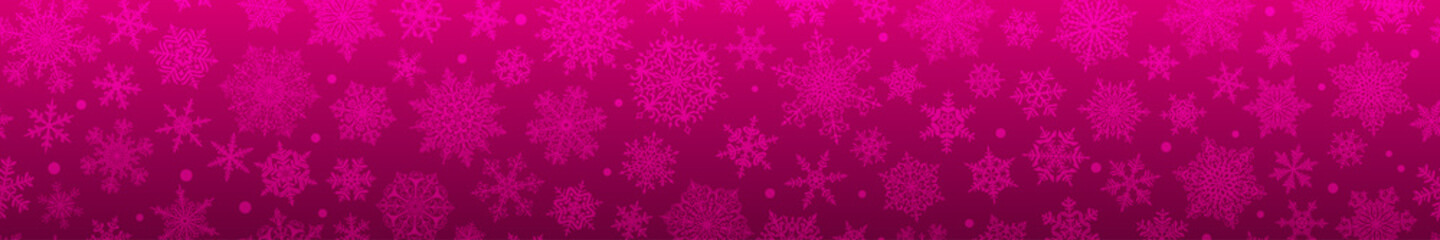 Fototapeta na wymiar Christmas horizontal banner of big and small complex snowflakes with seamless horizontal repetition, in purple colors. Winter background with falling snow