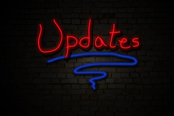 Neon sign updates logo, the way to the business, background of bricks in the dark