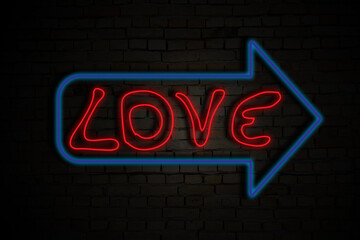 Neon sign with an arrow, the way to the love, background of bricks in the dark