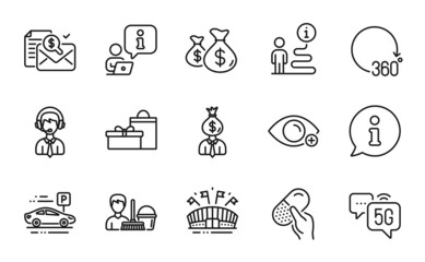 Business icons set. Included icon as Sports arena, Shipping support, 5g internet signs. Manager, Capsule pill, 360 degrees symbols. Gifts, Coins bags, Cleaning service. Accounting report. Vector