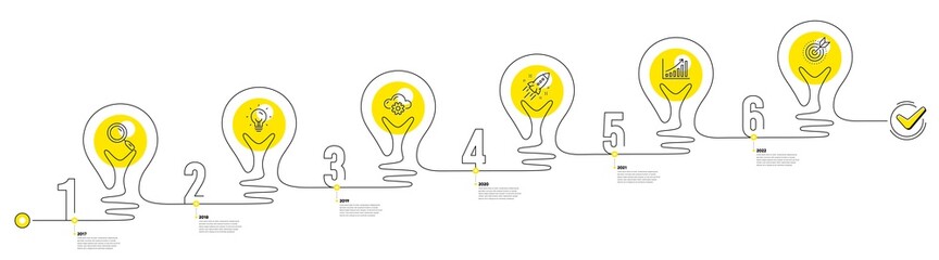 Business Infographic timeline with 6 steps. Lightbulb journey path infographics. Workflow process diagram with Research Idea, Working, Growth chart and Goal target line icons. Vector