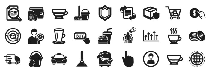 Set of simple icons, such as Taxi, Savings, Check article icons. Plunger, Bombon coffee, Teacup signs. Buy button, Mocha, Espresso. Hamburger, Bucket with mop, Engineer. Internet shopping. Vector