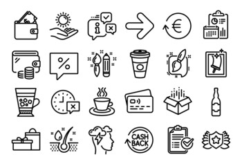 Vector set of Serum oil, Wallet and Sun protection line icons set. Calendar report, Money wallet and Credit card tag. Frappe, Cashback and Tea cup icons. Vector