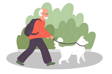 Senior man walks dog. Active seniors concept.