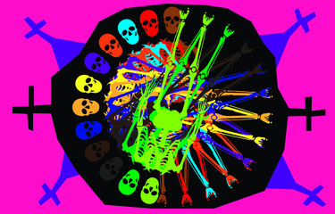 Occult ritual, people and skeletons in various colors, a terrific almighty ritual on Halloween