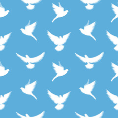 Seamless vector pattern with white pigeons on a blue background.