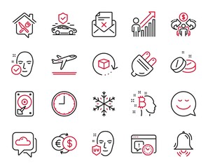 Vector Set of Business icons related to Weather forecast, Smile and Return package icons. Reject letter, Bitcoin think and Health skin signs. Sharing economy, Electric plug and Food delivery. Vector