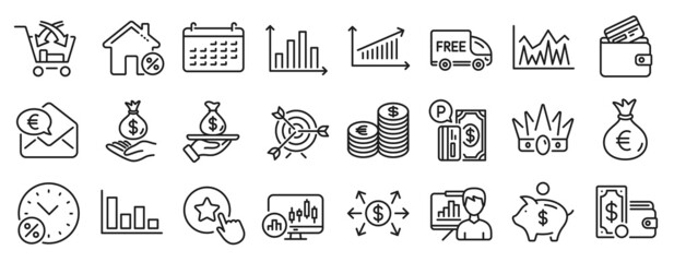 Set of Finance icons, such as Crown, Piggy bank, Dollar exchange icons. Income money, Euro money, Chart signs. Presentation board, Parking payment, Loyalty star. Currency, Loan, Calendar. Vector