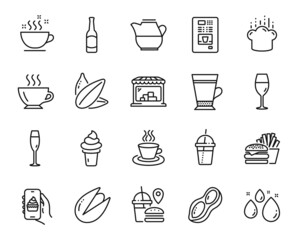 Vector set of Milk jug, Coffee cup and Coffee vending line icons set. Beer, Wineglass and Peanut icons. Water drop, Burger and Cooking hat signs. Champagne glass, Market and Sunflower seed. Vector