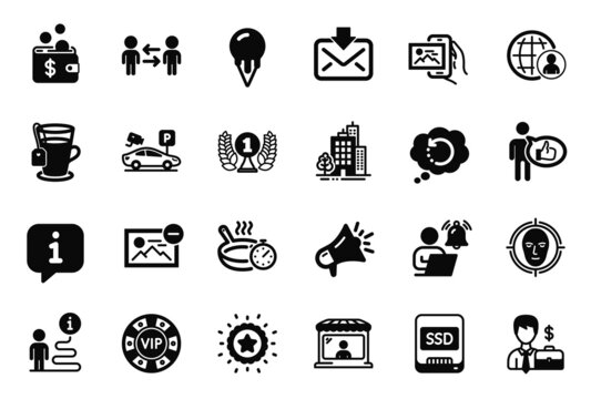 Vector Set of Business icons related to Like, Laureate award and Buildings icons. Parking security, Businessman case and Remove image signs. Megaphone, Recovery data and Ssd. Market seller. Vector
