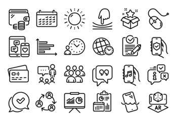 Vector set of Computer mouse, Smartphone waterproof and Time zone line icons set. Calendar report, Money wallet and Credit card tag. Group, Social media and Approved icons. Vector