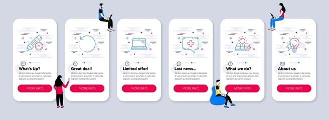 Vector Set of Science icons related to Medical chat, Laptop and Solar panels icons. UI phone app screens with teamwork. Recovery data, Project deadline and Electricity bulb line symbols. Vector