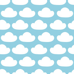 Seamless pattern with white cloud silhouette on blue background. Vector illustration for kids fabric, wallpaper, paper and backdrop.