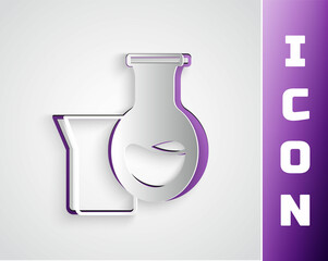 Paper cut Oil petrol test tube icon isolated on grey background. Paper art style. Vector