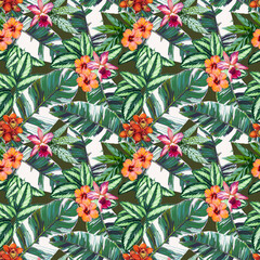 Seamless pattern with banana leaves, orchids, hibiscus flowers and calathea leaves on a yellow background. Decorative botanical exotic illustration wallpaper