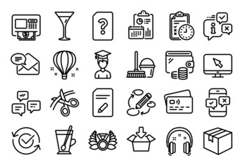 Vector set of Atm, Keywords and Air balloon line icons set. Calendar report, Money wallet and Credit card tag. Parcel, Bucket with mop and Edit document icons. Vector