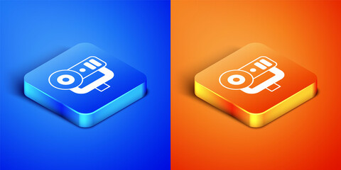 Isometric Web camera icon isolated on blue and orange background. Chat camera. Webcam icon. Square button. Vector