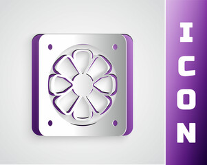 Paper cut Computer cooler icon isolated on grey background. PC hardware fan. Paper art style. Vector