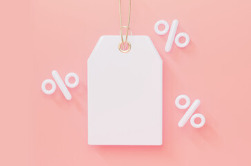 
Blank tag tied with gold string.  Sale with a discount. In pastel colors. 3d rendering.