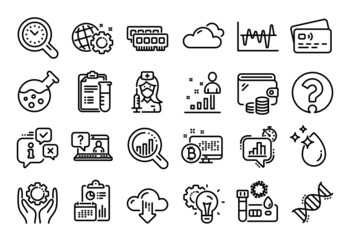 Vector set of Chemistry lab, Employee hand and Covid test line icons set. Calendar report, Money wallet and Credit card tag. Vaccination, Seo analysis and Stats icons. Vector