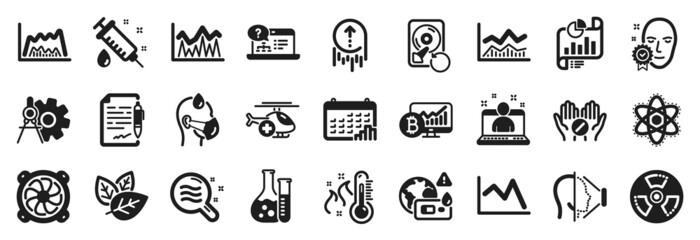 Set of Science icons, such as Cogwheel dividers, Face id, Recovery hdd icons. Medical syringe, Swipe up, Agreement document signs. Chemistry atom, Bitcoin chart, Skin condition. Sick man. Vector