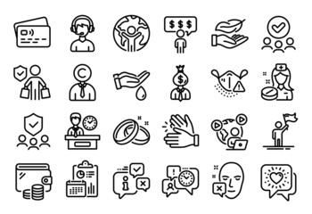 Vector set of Approved group, Consultant and Friends chat line icons set. Calendar report, Money wallet and Credit card tag. Medical mask, Face declined and Employee benefits icons. Vector