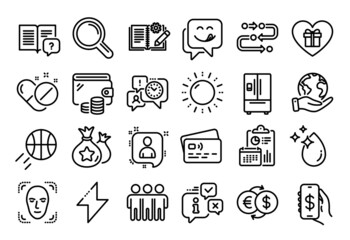 Vector set of Money exchange, Developers chat and Medical pills line icons set. Calendar report, Money wallet and Credit card tag. Water drop, Sun energy and Instruction manual icons. Vector