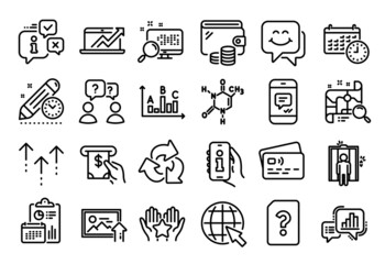 Vector set of Unknown file, Calendar and Graph chart line icons set. Calendar report, Money wallet and Credit card tag. Teamwork questions, Search map and Sales diagram icons. Vector