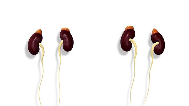 Kidneys, internal organs 3D render, anatomy of the human body, white background with luma matte for transparency.